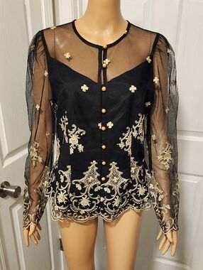 Cachet Black Sheer Blouse with Gold Embroidered Accents